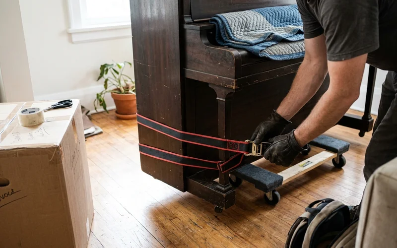 Lifting straps and padded dolly secured under an upright piano