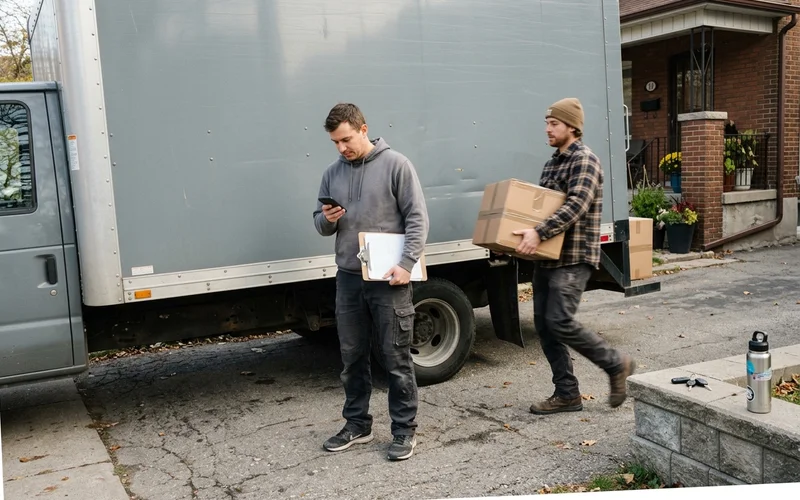 Crew checking the day schedule beside a loaded truck