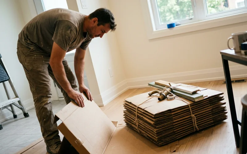Crew member breaking down packaging after a renovation