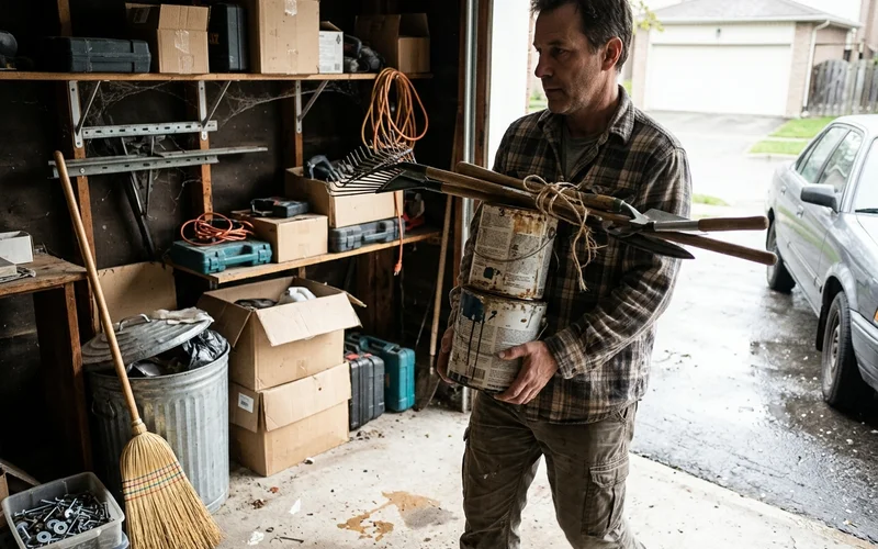 Crew member clearing tools and boxes from a garage corner