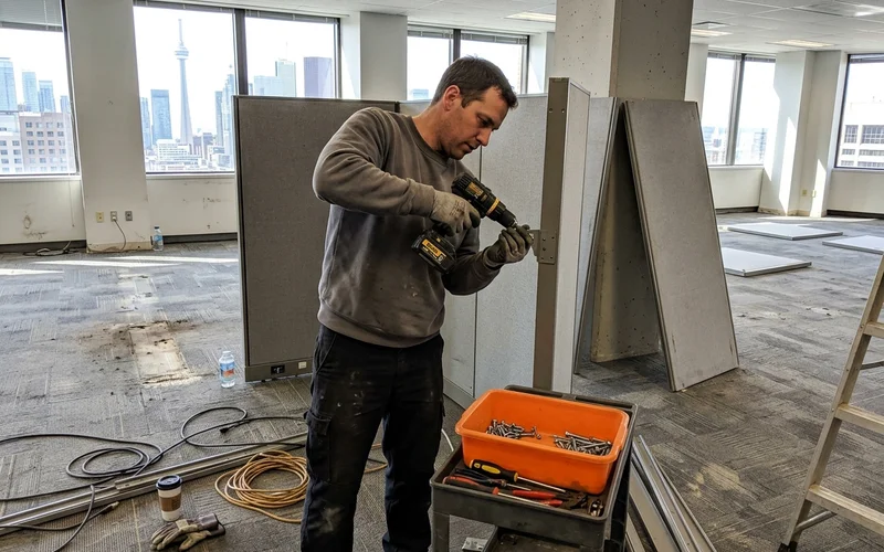 Crew member dismantling a modular workstation