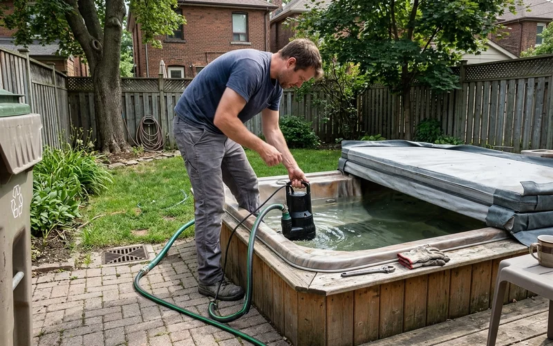 Crew member draining a hot tub with a submersible pump