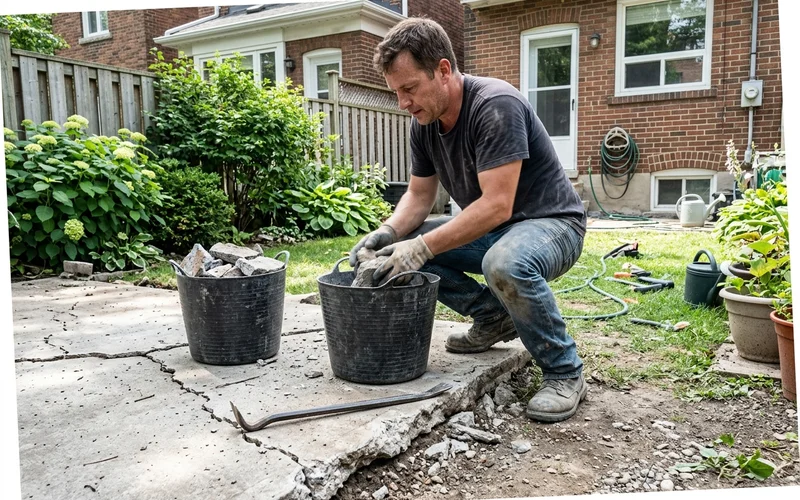 Crew member loading broken concrete into heavy-duty buckets
