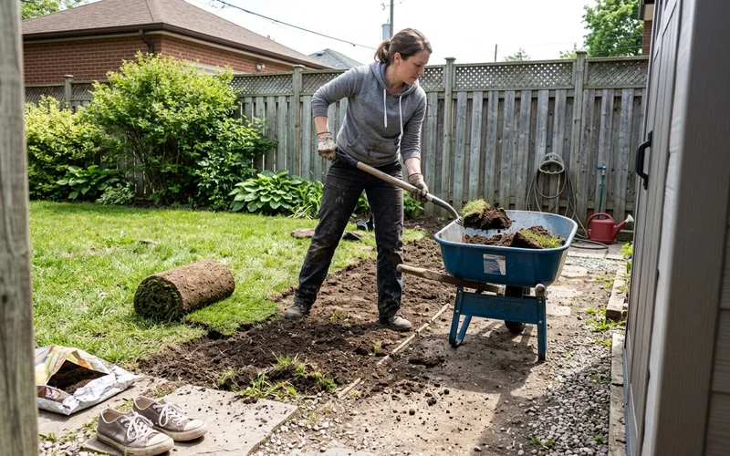 Crew member loading rolled sod and soil into a wheelbarrow