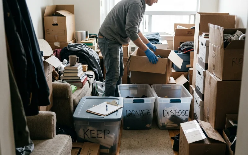 Sorting items into keep, donate, and dispose bins during a cleanout