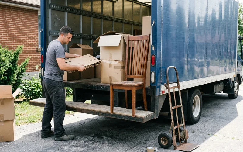 Crew member stacking household junk into the back of the truck