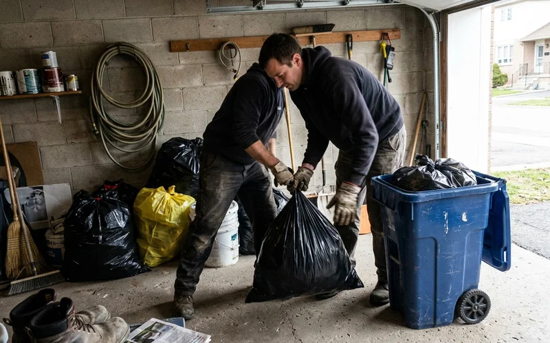 Crew member moving refuse bags out of a garage