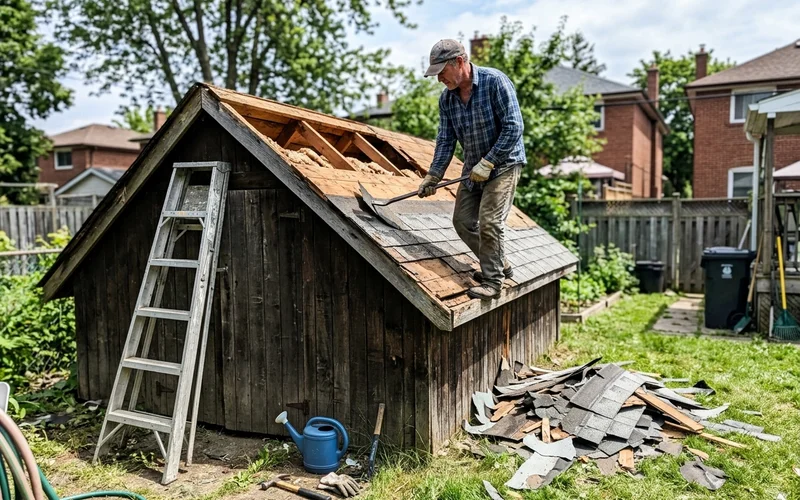 Crew member stripping the roof of an old garden shed