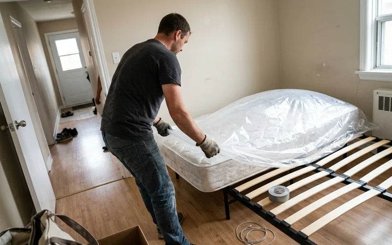 Crew member bagging a mattress before removal