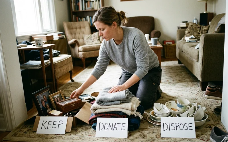 Sorting household items into keep, donate, and dispose piles
