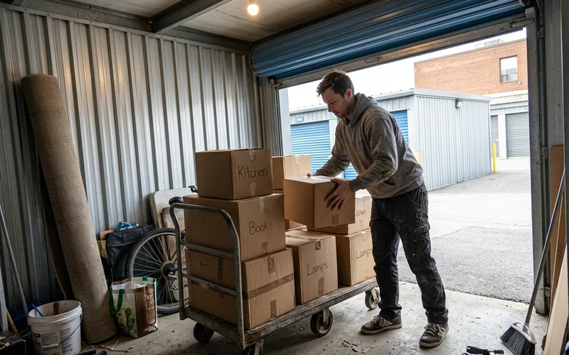 Crew member loading boxes onto a trolley inside a storage locker