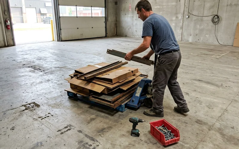 Crew member stacking shelving and boxes inside a commercial unit