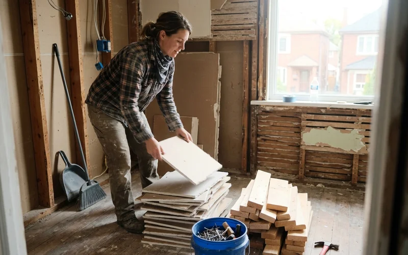Crew member stacking drywall and lumber offcuts on site