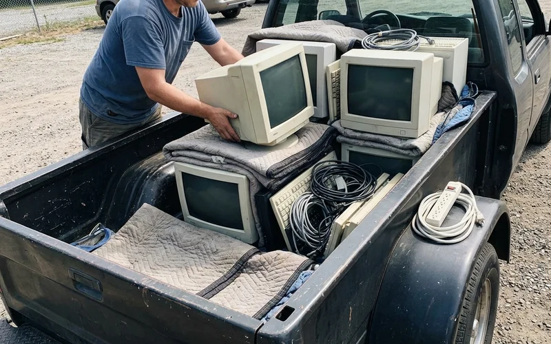 Crew member stacking monitors and cables in the truck