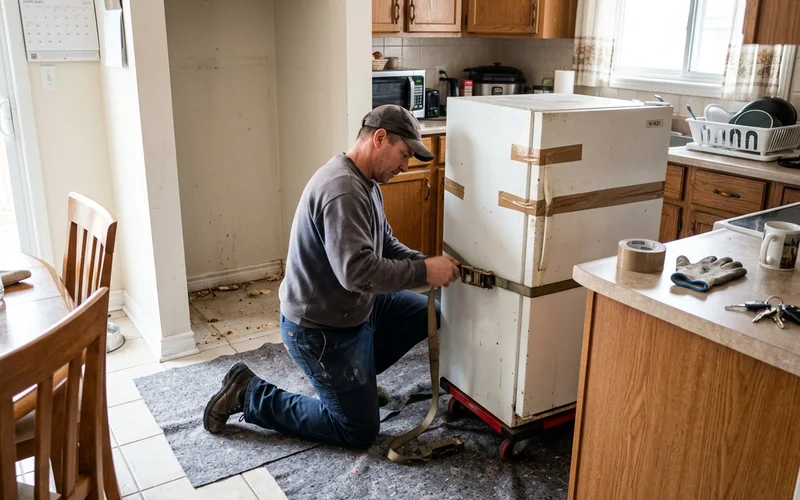 Crew member strapping a fridge to an appliance dolly in a kitchen
