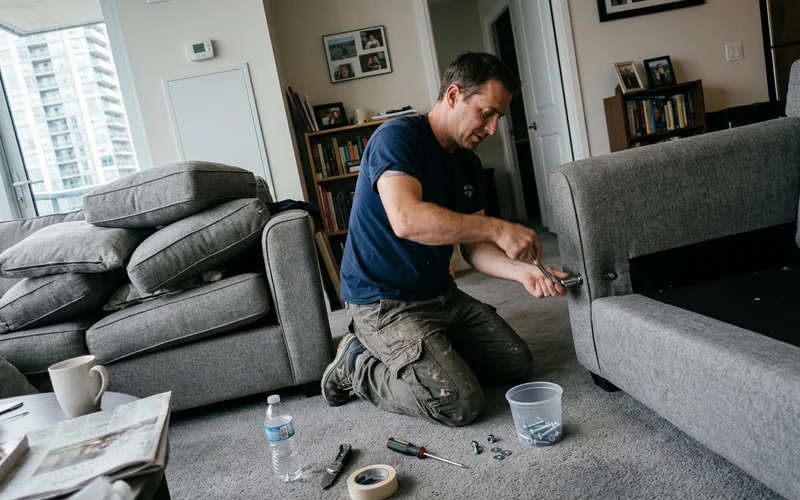Crew member dismantling a sectional sofa to fit through a narrow doorway