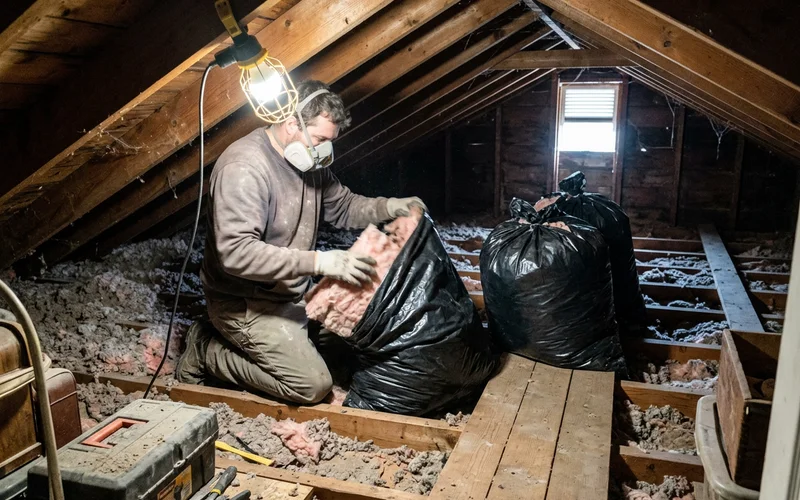 Crew member bagging old insulation in a low attic space