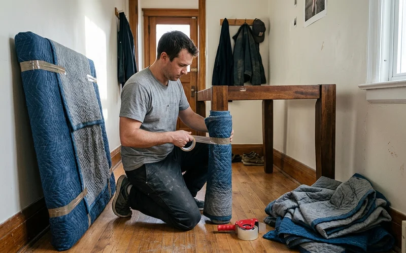 Crew member protecting a dining table before carrying it out