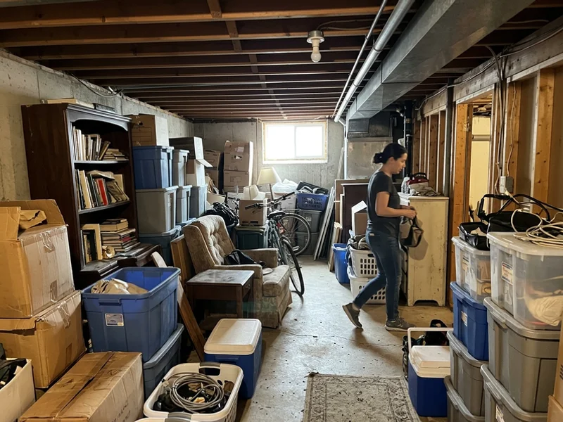 Cluttered basement before junk removal