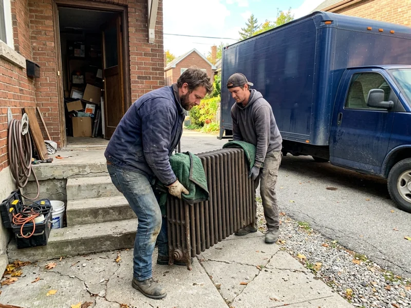 Crew carrying a cast iron radiator out of a basement