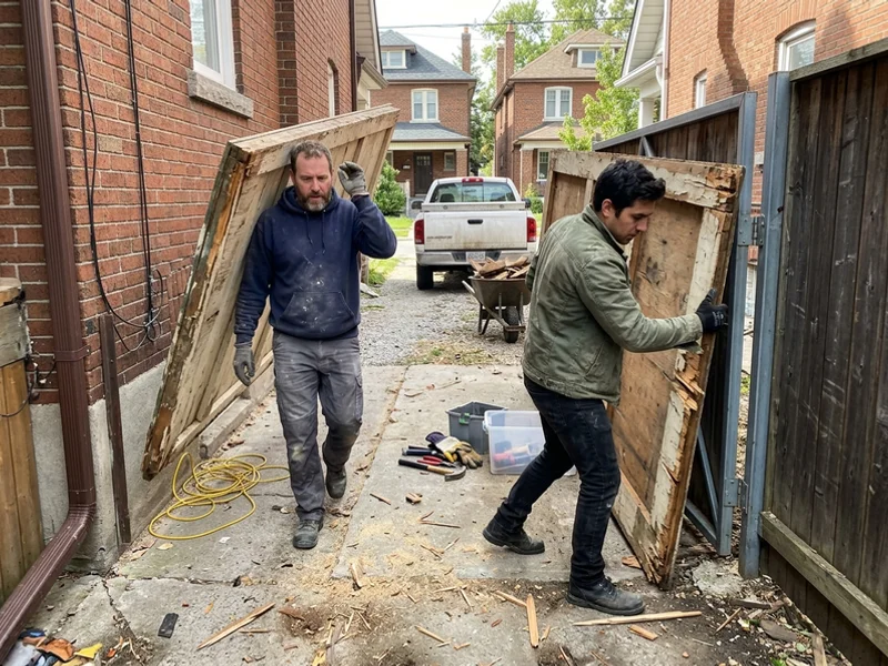 Crew carrying dismantled shed panels through a side passage