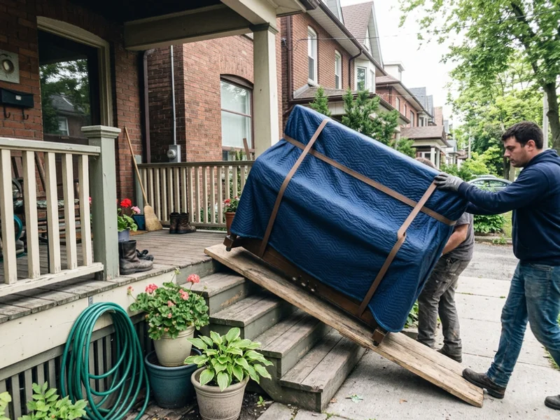 Crew easing a piano down front steps