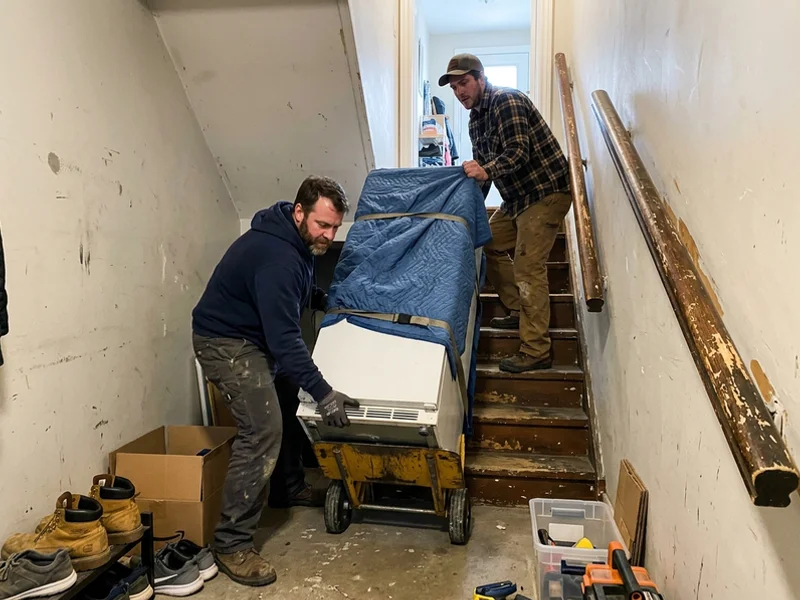 Crew moving a fridge up basement stairs