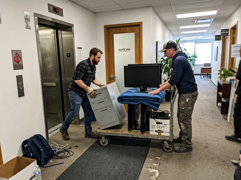 Crew loading cabinets and monitors by the service elevator