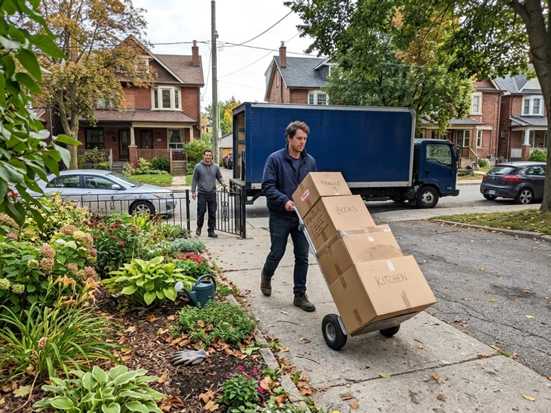 Crew wheeling a loaded dolly to the truck