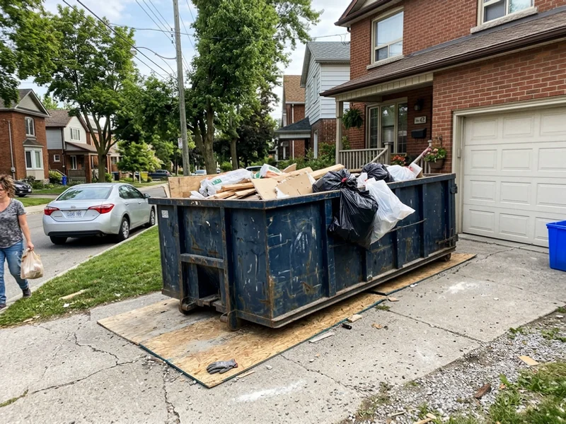 Driveway blocked by a rental disposal bin