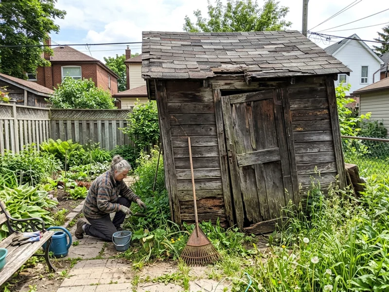 Old leaning wooden shed before removal