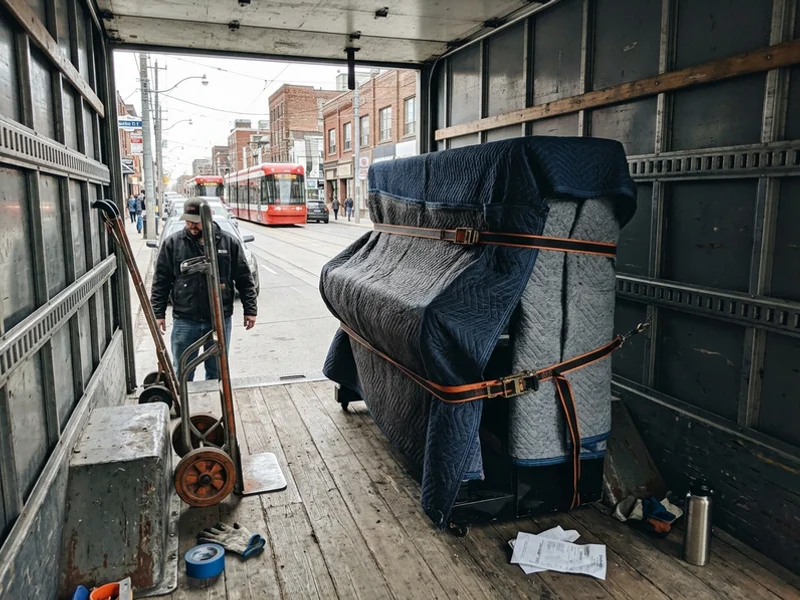 Piano padded and strapped inside the truck