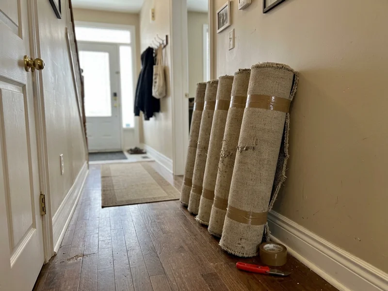 Rolled carpet sections ready to carry out