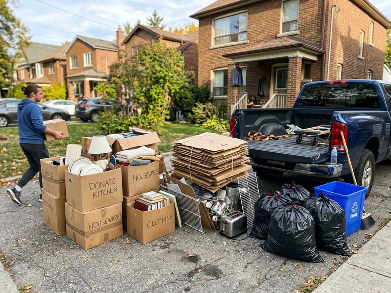 Load sorted into donation, recycling, and disposal piles