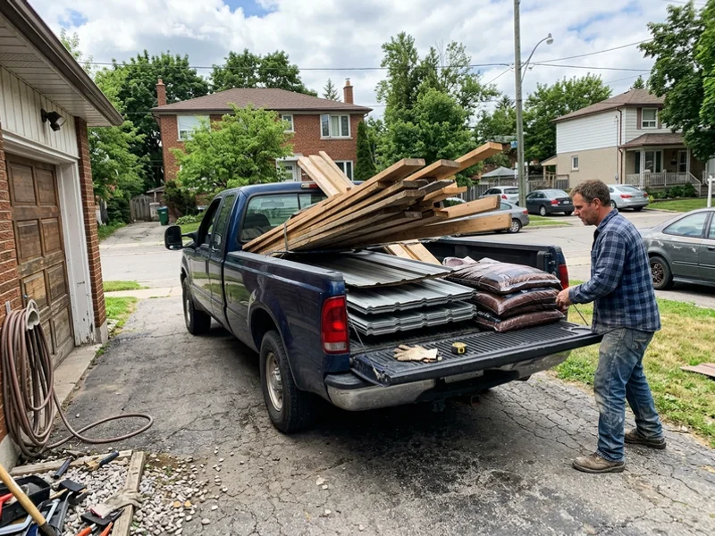 Shed materials sorted and loaded for disposal