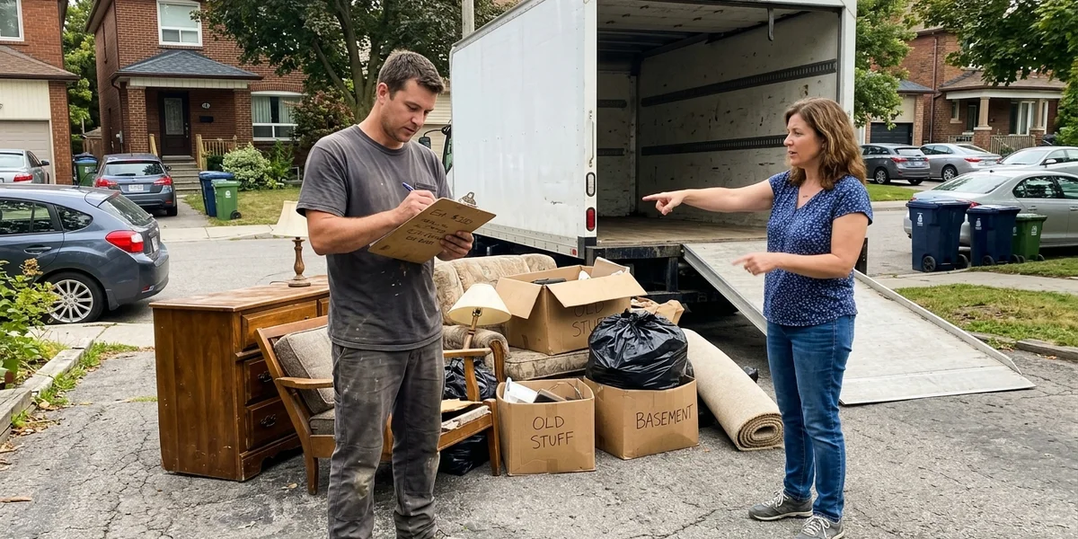 Crew member confirming an upfront price with a customer before loading