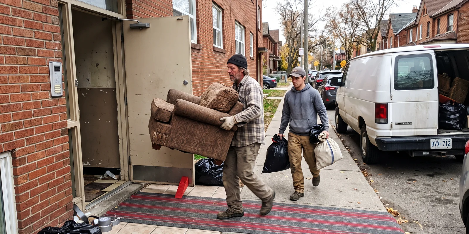 Crew clearing an empty rental unit during a move-out cleanout