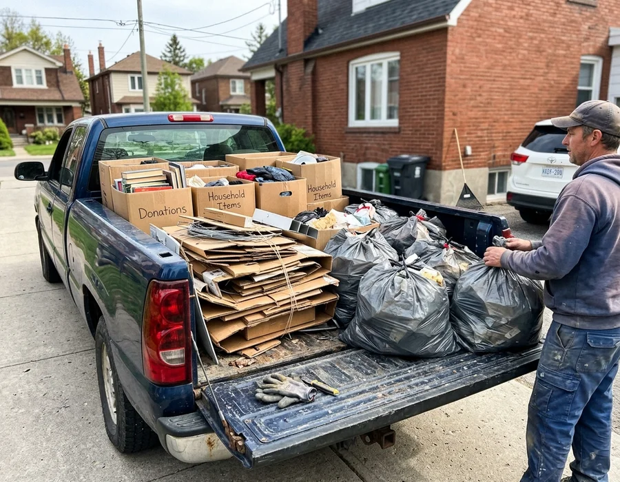 Sorted donation, recycling, and disposal piles at the end of a job