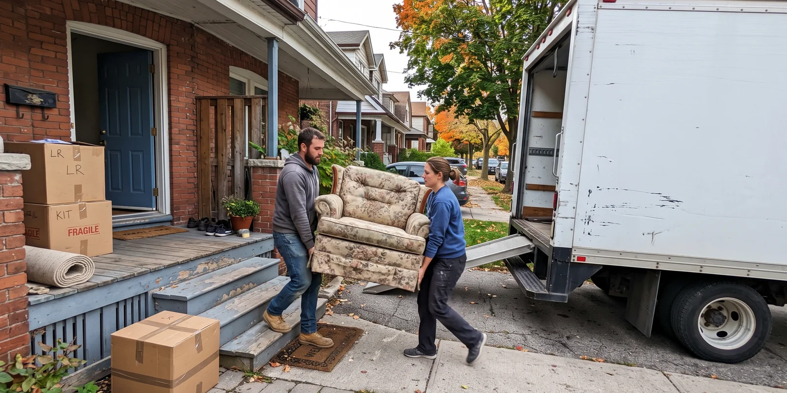 Two-person crew loading household junk into an unbranded truck outside a Toronto home