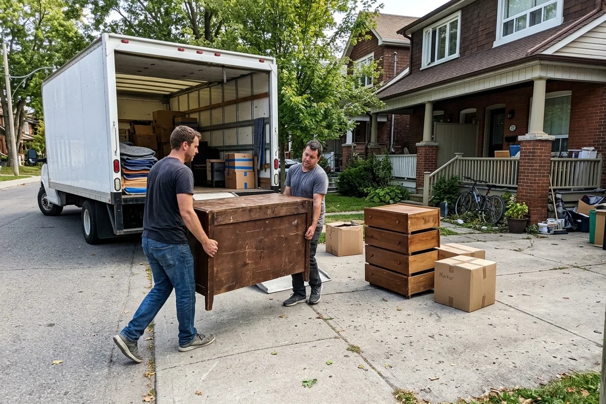 Two-person crew loading household junk into an unbranded truck outside a Toronto home