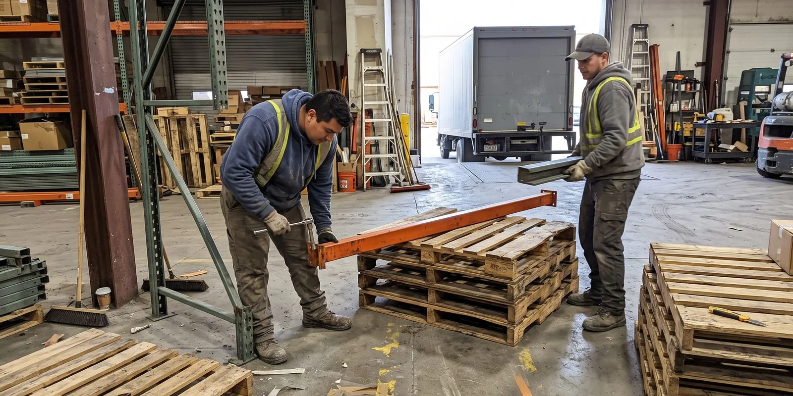 Crew dismantling racking and stacking pallets in a warehouse