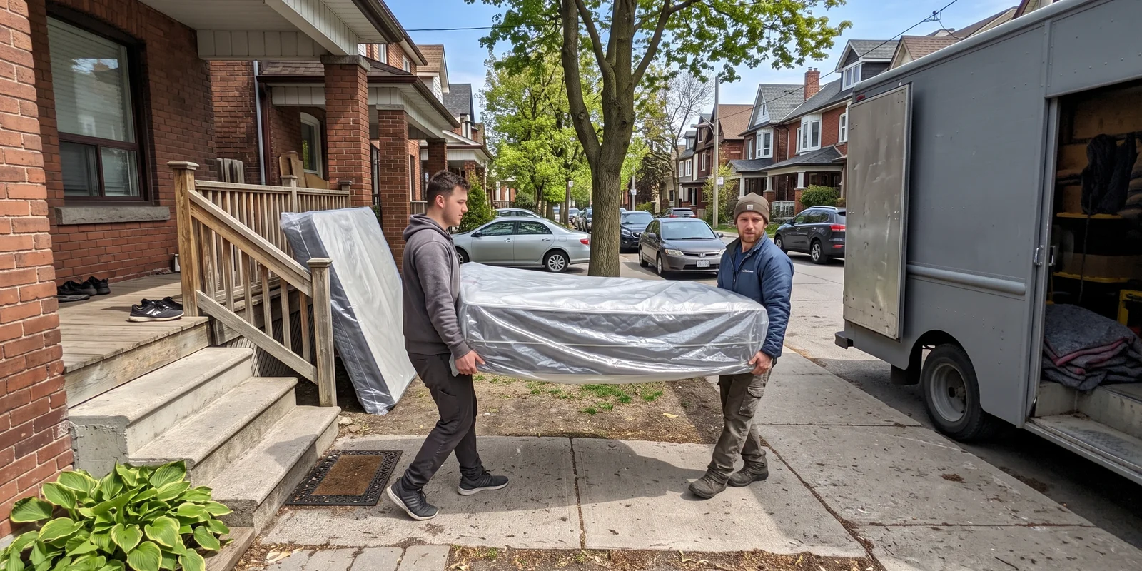 Crew carrying a wrapped mattress out for disposal in Toronto
