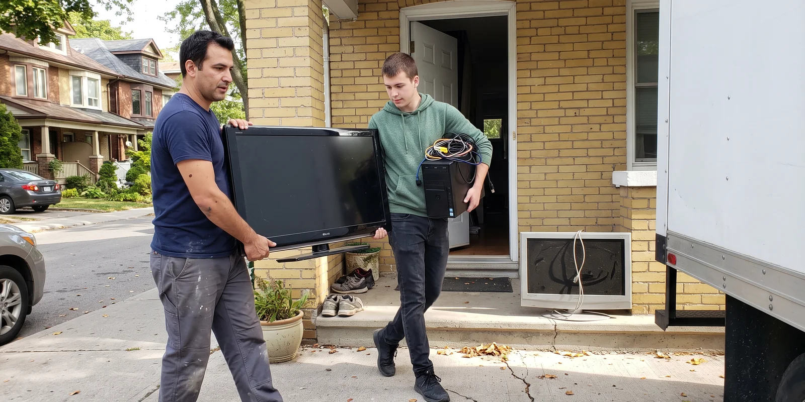 Crew removing an old TV and computers for certified recycling