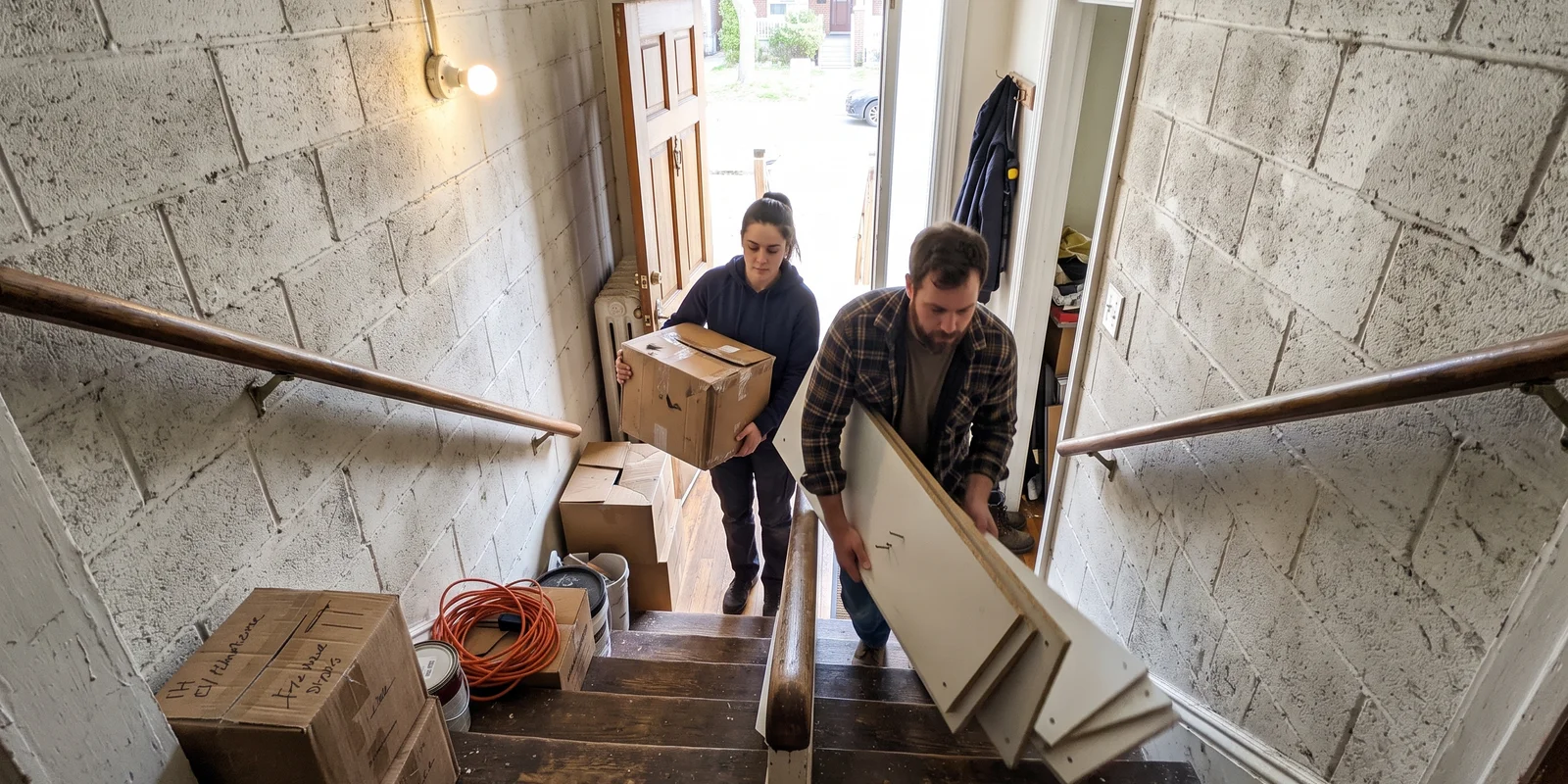 Crew carrying basement contents up the stairs during a cleanout