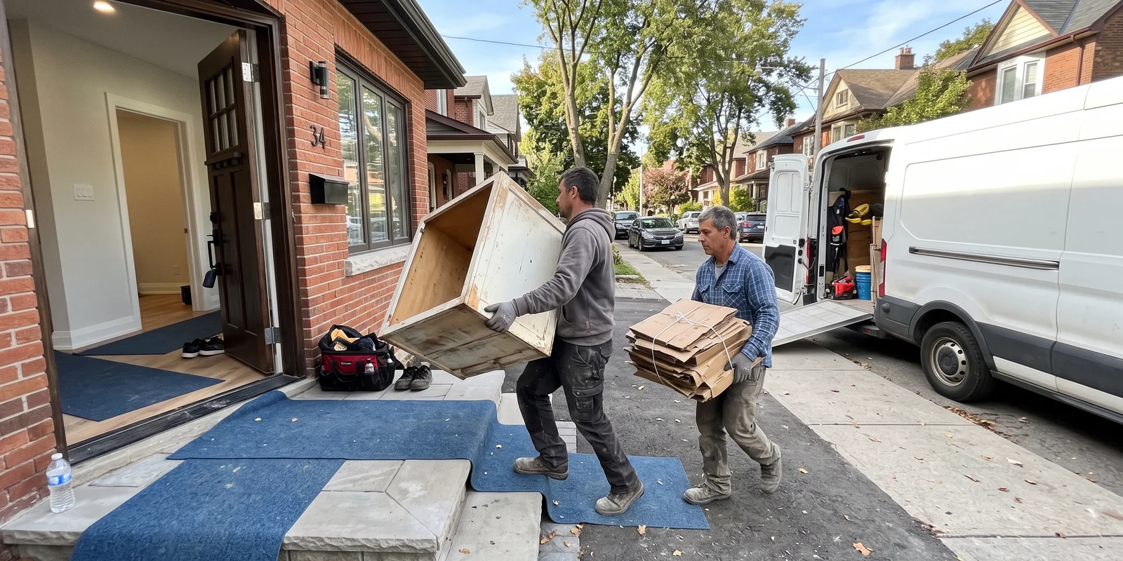Crew removing old cabinetry and packaging after a renovation