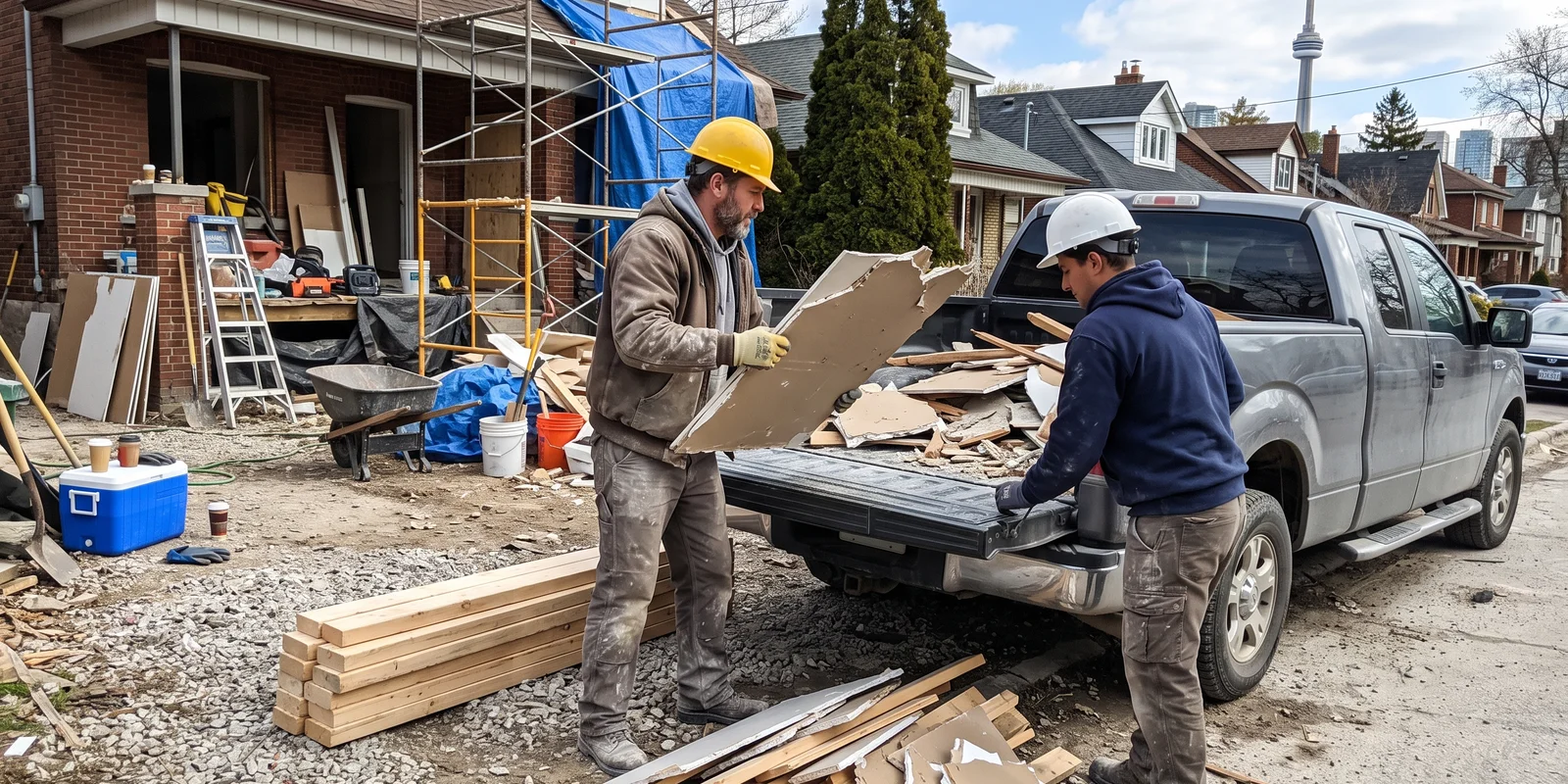 Crew loading construction debris at a Toronto renovation site