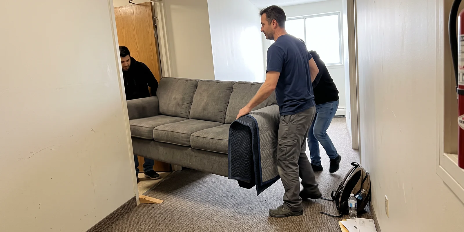 Crew removing an old sofa through an apartment doorway in Toronto