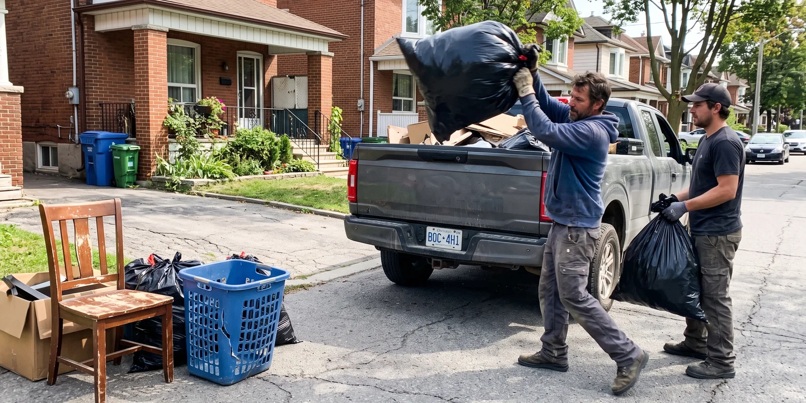 Crew loading bagged household garbage into a truck