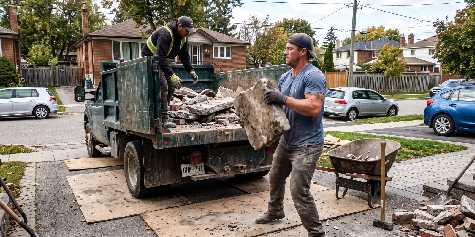 Crew loading broken concrete and rubble into a truck