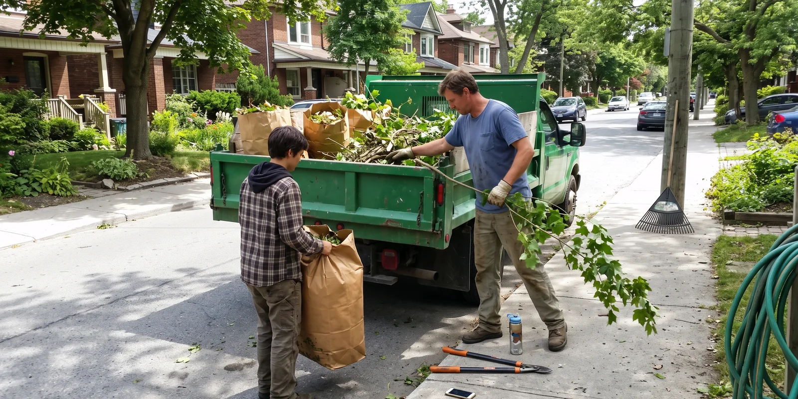 Crew loading branches and garden waste into a truck